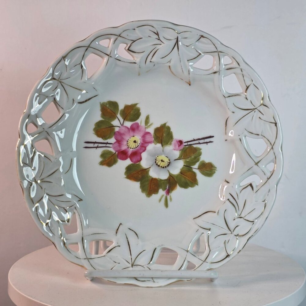 Vintage Porcelain Plate With Hand-Painted Floral Design Cutout Edge Detailing &